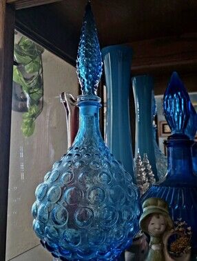 Vintage Empoli Blue Hobnail Bubble Glass Decanter with Stopper